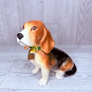 Vintage Marston Corp Ceramic Beagle Dog Puppy Savings Coin Bank Lock and keys